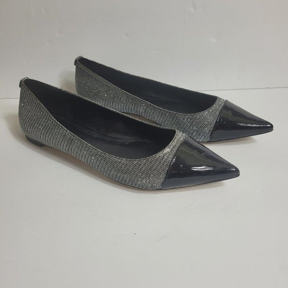 Womens Michael Kors Black & Silver Glitter Flats Carissa Chain Mesh Point Toe 11 - Picture 1 of 5
